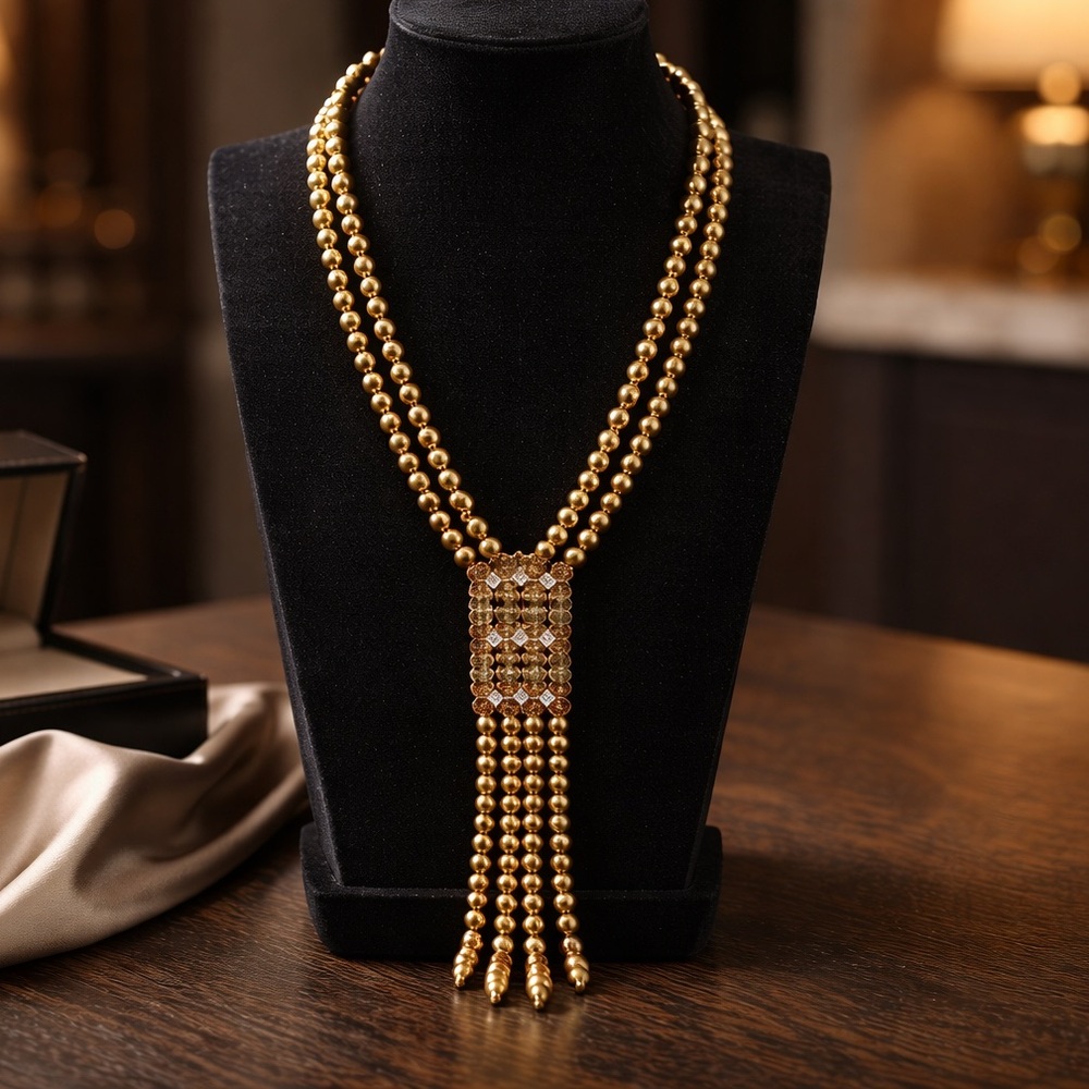 Elegant Gold Glass Beaded Necklace with Crystal Tassels